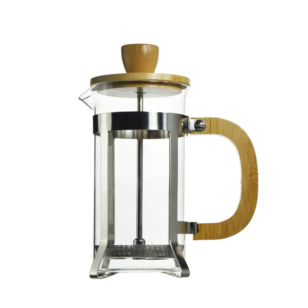 french press z bambusową pokrywką i rączką