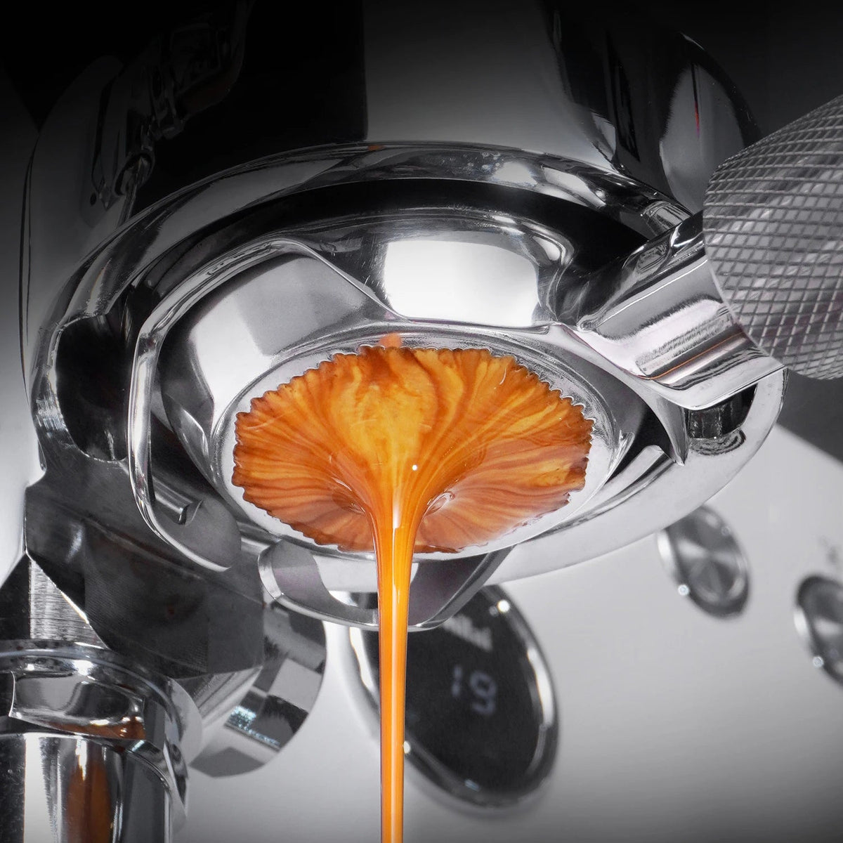 Zbliżenie ekstrakcji espresso z sita bezdennej kolby 58 mm