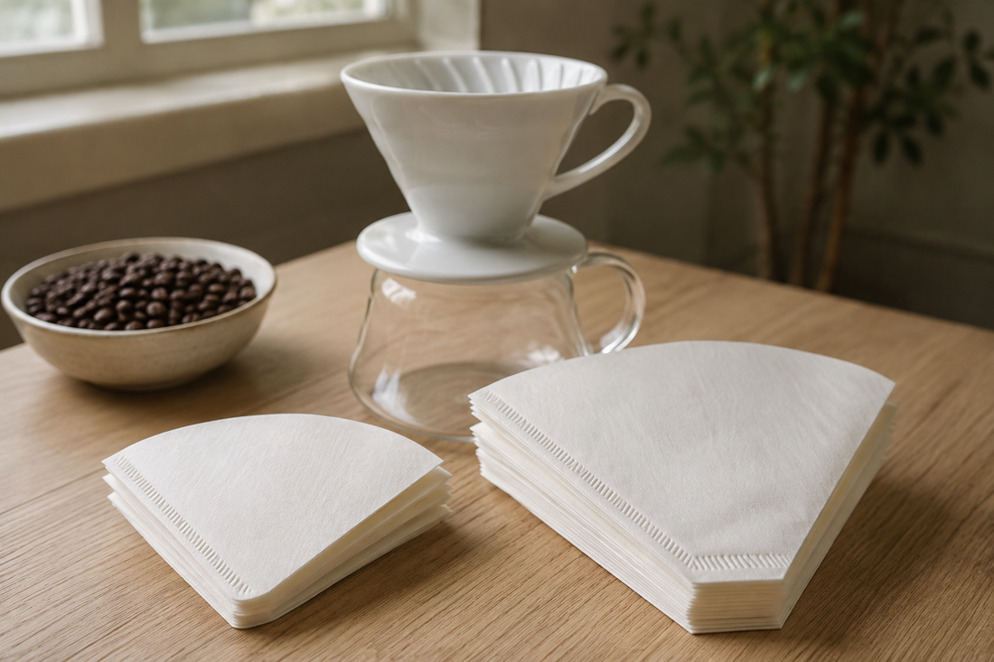 Dwa rozmiary białych filtrów papierowych obok ceramicznego drippera i szklanego serwera