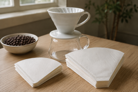 Dwa rozmiary białych filtrów papierowych obok ceramicznego drippera i szklanego serwera