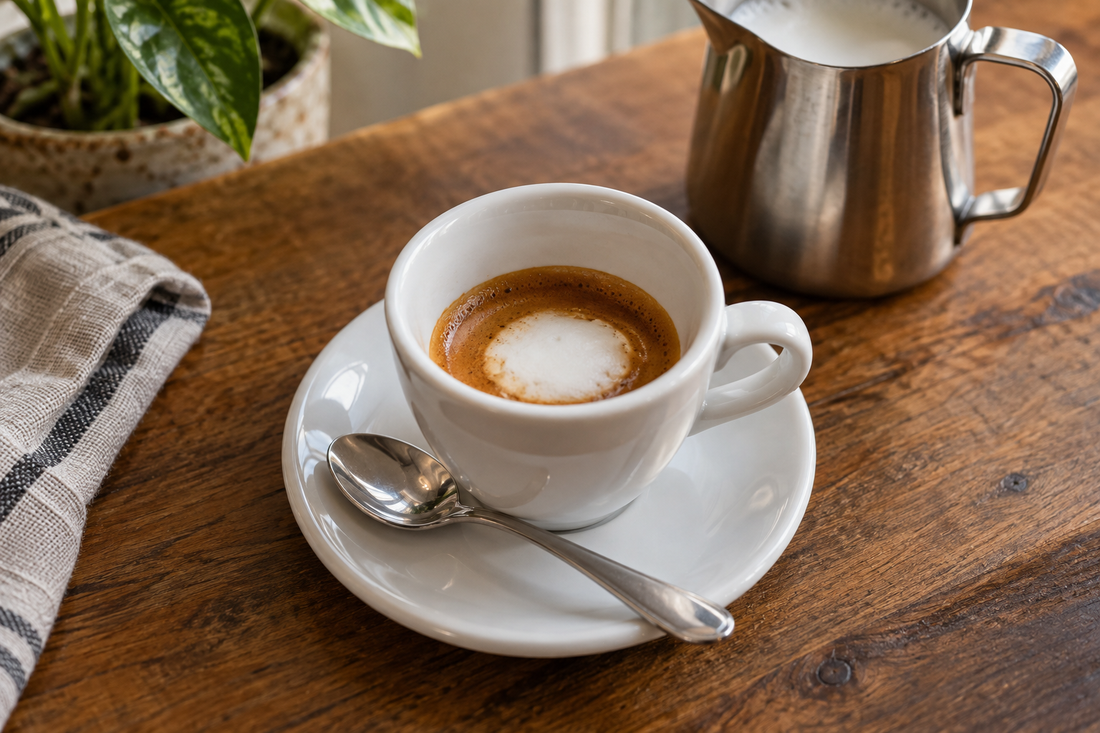 Espresso macchiato z niewielką porcją mlecznej pianki w białej filiżance; obok łyżeczka i stalowy dzbanek.
