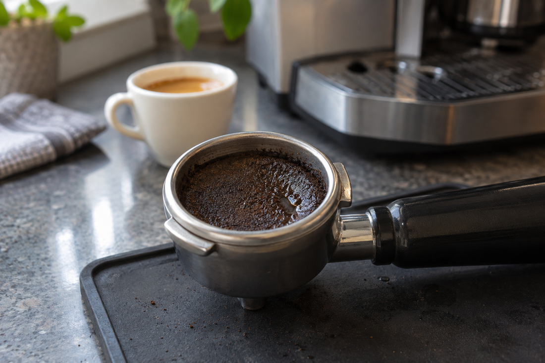 Kolba z mokrymi fusami po espresso, z niewielką ilością wody na powierzchni kawy.
