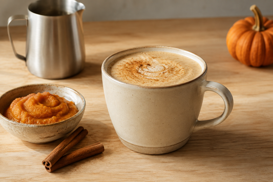 Domowa pumpkin spice latte w ceramicznym kubku, obok purée z dyni, cynamon i dzbanek do mleka