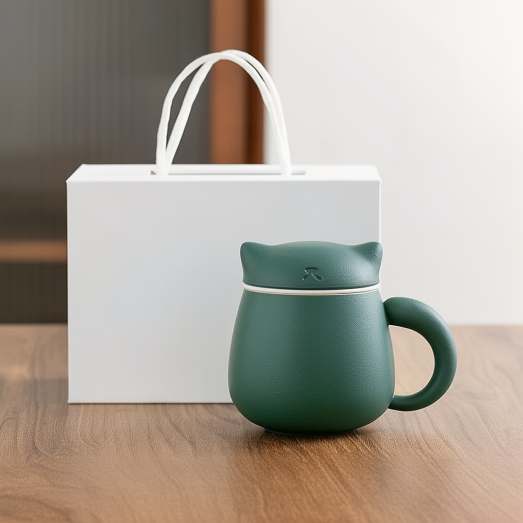 Remove all unwanted elements such as dots, numbers, stripes, stickers, watermarks, labels, and any text overlays. Completely remove the logo from the center of the white bag. Create a clean Shopify product image. The bag and the cup are placed on a table forming one composition. Horizontal placement (X-axis): – The midpoint between the bag and the cup must be perfectly centered relative to the image width. – Equal empty space must be visible on the left and right sides of the composition. Vertical placement
