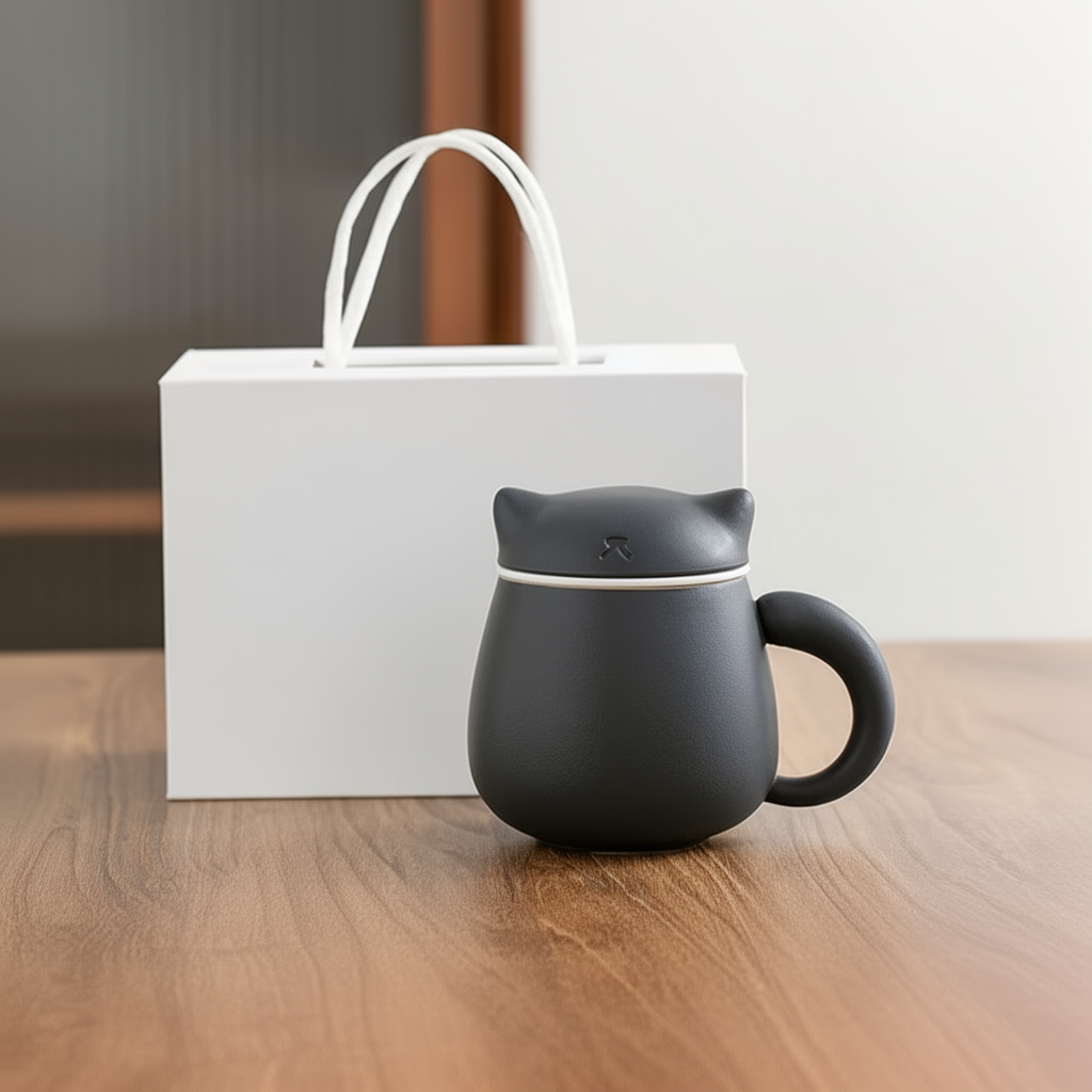 Remove all unwanted elements such as dots, numbers, stripes, stickers, watermarks, labels, and any text overlays. Completely remove the logo from the center of the white bag. Create a clean Shopify product image. The bag and the cup are placed on a table forming one composition. Horizontal placement (X-axis): – The midpoint between the bag and the cup must be perfectly centered relative to the image width. – Equal empty space must be visible on the left and right sides of the composition. Vertical placement