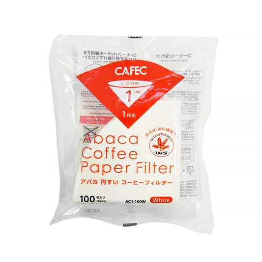 Opakowanie białych filtrów Cafec Abaca 1 cup, 100 sztuk, z czerwonym oznaczeniem