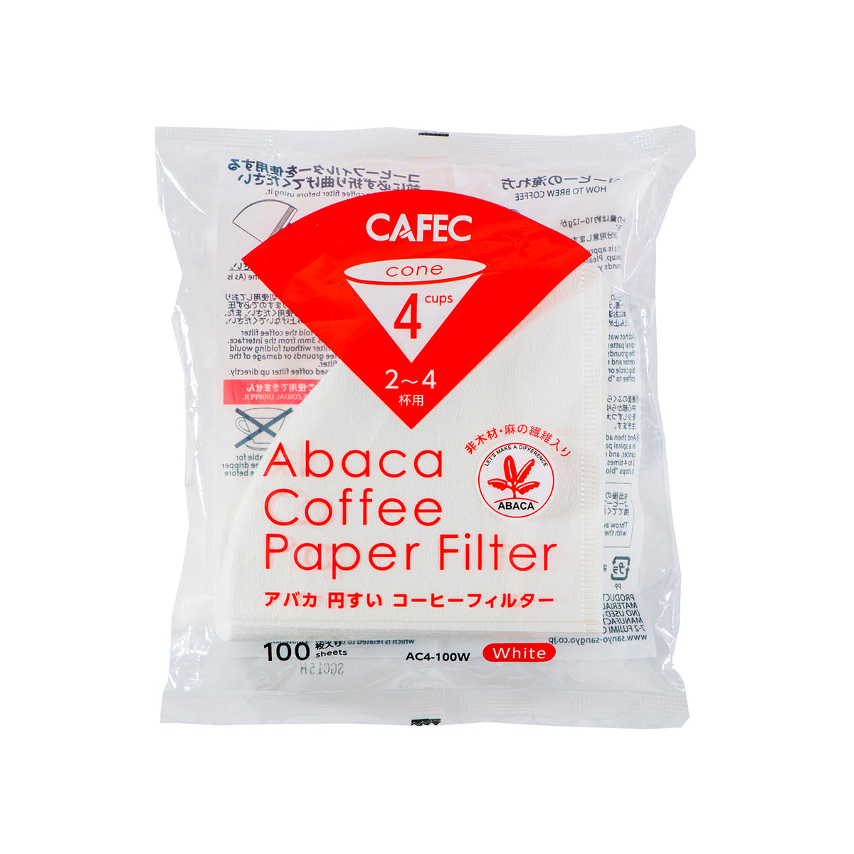 Opakowanie białych filtrów Cafec Abaca 4 cup, 100 sztuk, z czerwonym oznaczeniem