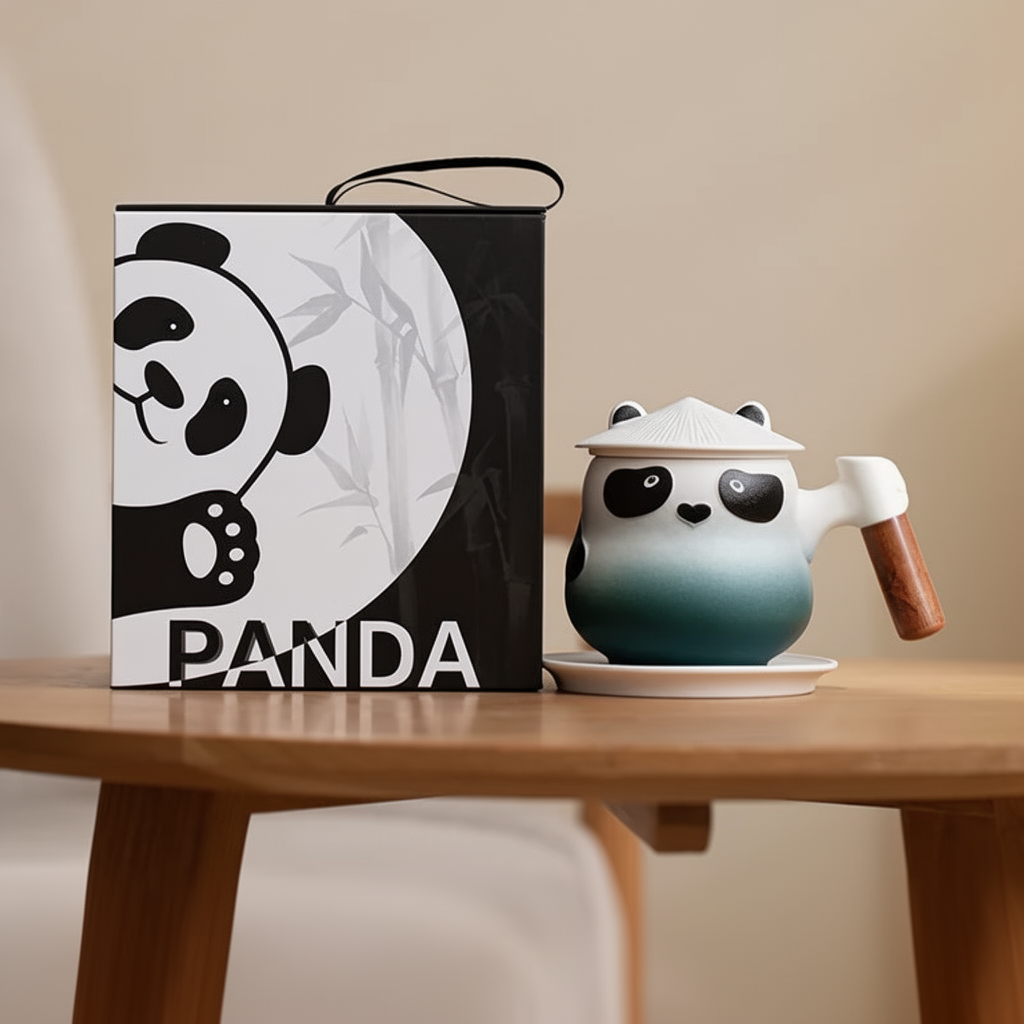 Ciemnozielono-biały kubek Panda na spodku obok opakowania