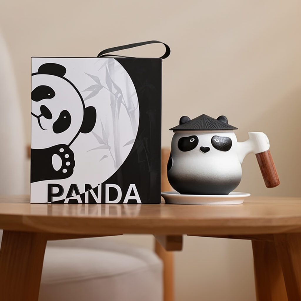 Czarno-biały kubek Panda z ciemną pokrywką obok opakowania