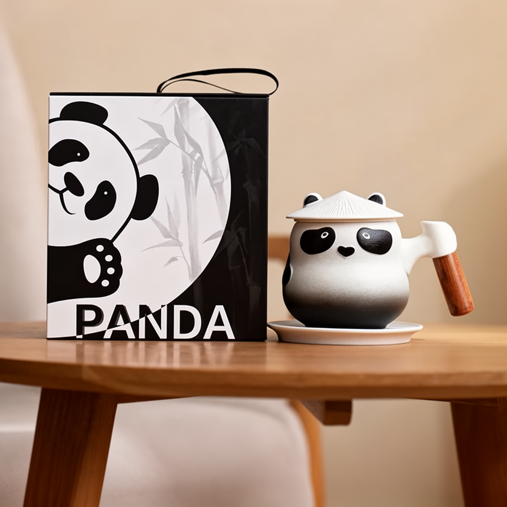 Czarno-biały kubek Panda z jasną pokrywką obok opakowania