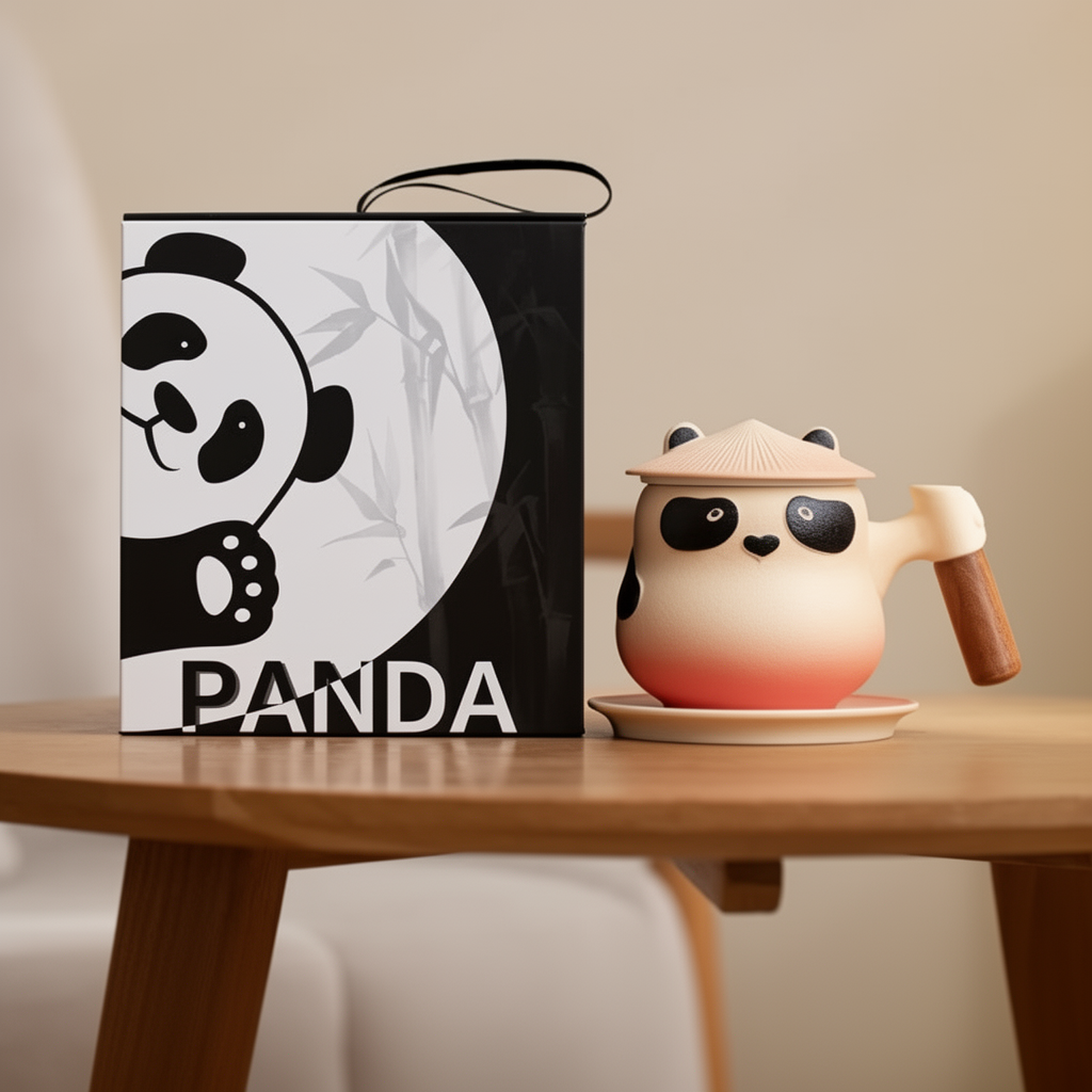 Koralowo-kremowy kubek Panda z pokrywką na spodku obok opakowania