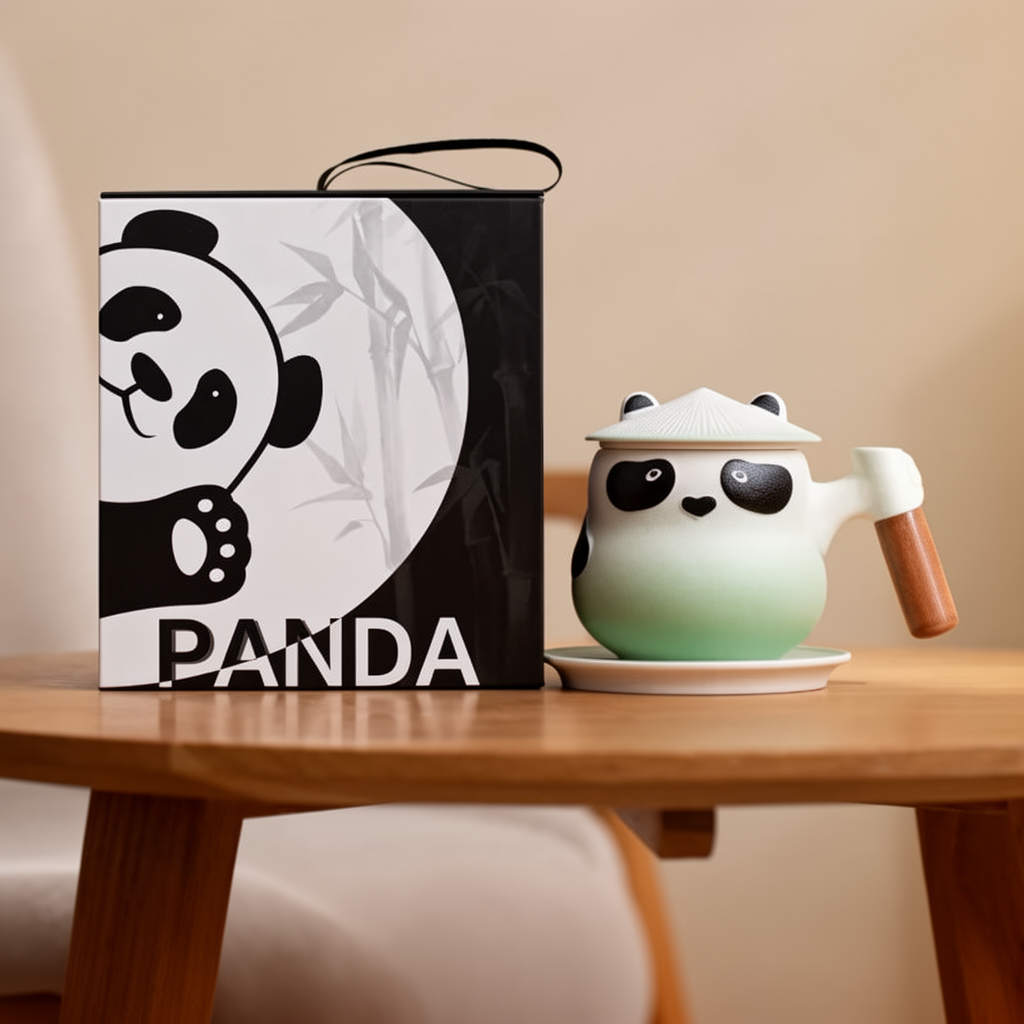 Miętowo-biały kubek Panda z pokrywką na spodku obok opakowania