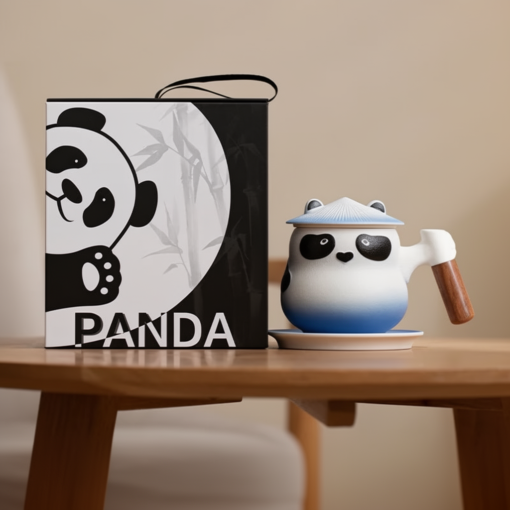 Niebiesko-biały kubek Panda z pokrywką na spodku obok opakowania