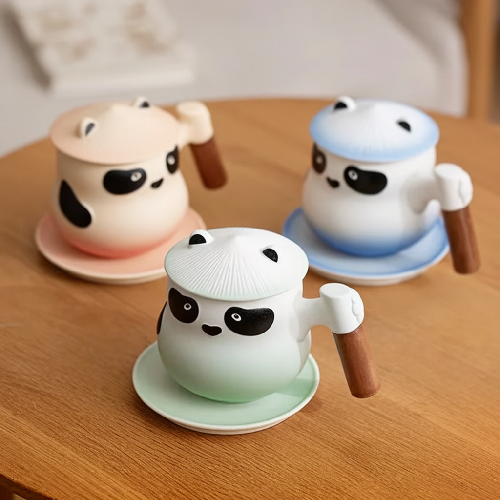 Trzy kubki Panda na spodkach w pastelowych kolorach – widok z góry