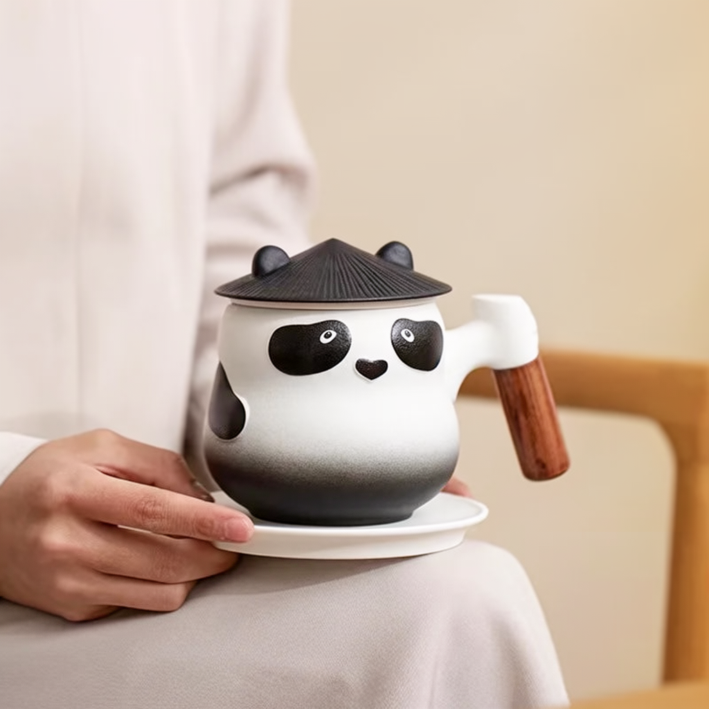 Czarno-biały kubek Panda z ciemną pokrywką na spodku trzymanym w dłoniach